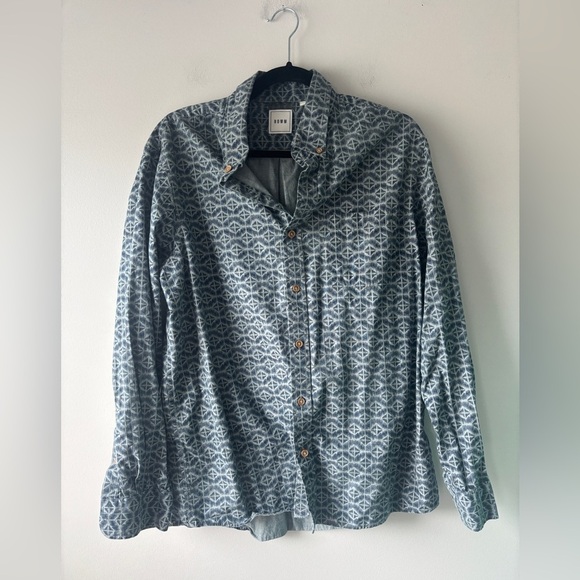 ROWM Men’s Blue Button Up Long Sleeve Collared Shirt Geo Print Size Large - Picture 1 of 8
